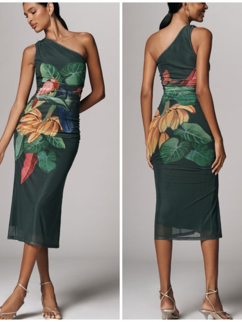 Anthropologie Green One-Shoulder Midi Dress with Tropical Floral Print